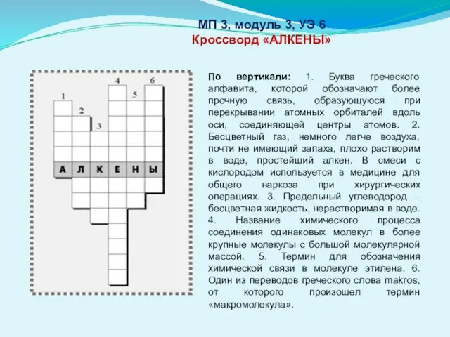 МП 3, модуль 3, УЭ 6 Кроссворд «АЛКEНЫ» По вертикали: 1. Буква