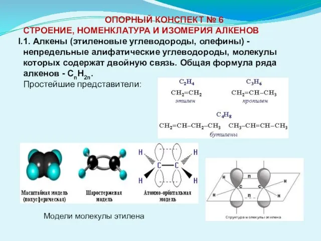 ОПОРНЫЙ КОНСПЕКТ № 6 СТРОЕНИЕ, НОМЕНКЛАТУРА И ИЗОМЕРИЯ АЛКЕНОВ 1. Алкены (этиленовые