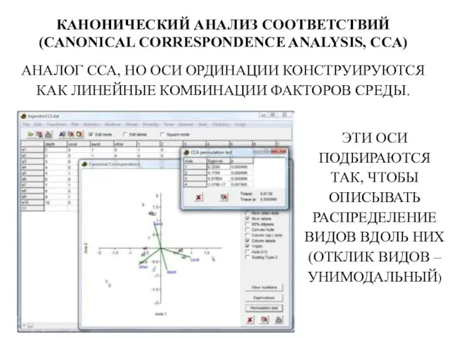 КАНОНИЧЕСКИЙ АНАЛИЗ СООТВЕТСТВИЙ (CANONICAL CORRESPONDENCE ANALYSIS, CCA) АНАЛОГ ССА, НО ОСИ ОРДИНАЦИИ