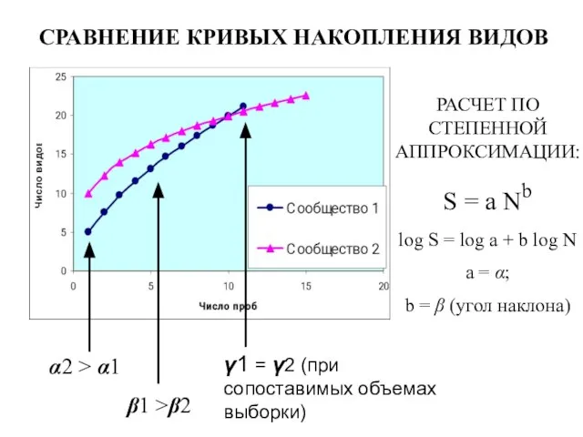 СРАВНЕНИЕ КРИВЫХ НАКОПЛЕНИЯ ВИДОВ РАСЧЕТ ПО СТЕПЕННОЙ АППРОКСИМАЦИИ: S = a Nb