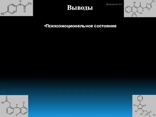 Психоэмоциональное состояние Лорноксикам, парацетамол ↑ двигательная активность ↑ эмоциональная активность Мелоксикам ↑