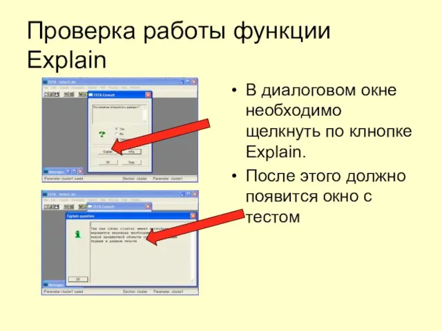 Проверка работы функции Explain В диалоговом окне необходимо щелкнуть по клнопке Explain.