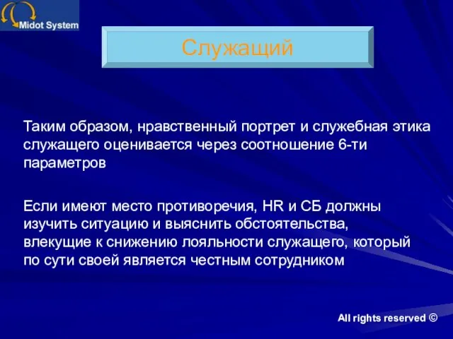 Таким образом, нравственный портрет и служебная этика служащего оценивается через соотношение 6-ти