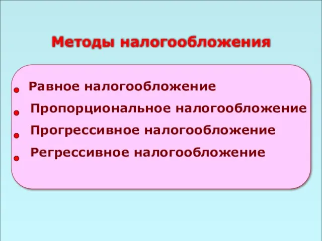 49 Методы налогообложения Равное налогообложение Пропорциональное налогообложение Прогрессивное налогообложение Регрессивное налогообложение