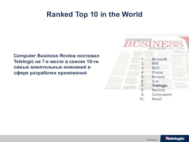Ranked Top 10 in the World Microsoft IBM BEA Oracle Borland Sun