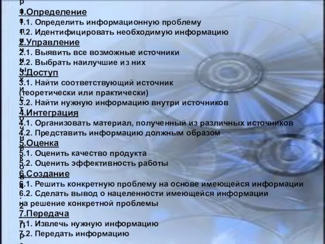 1.Определение 1.1. Определить информационную проблему 1.2. Идентифицировать необходимую информацию 2.Управление 2.1. Выявить