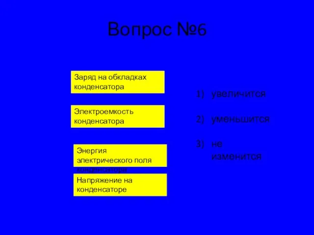 Вопрос №6 Заряд на обкладках конденсатора Электроемкость конденсатора Энергия электрического поля конденсатора