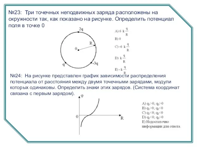 №23: Три точечных неподвижных заряда расположены на окружности так, как показано на