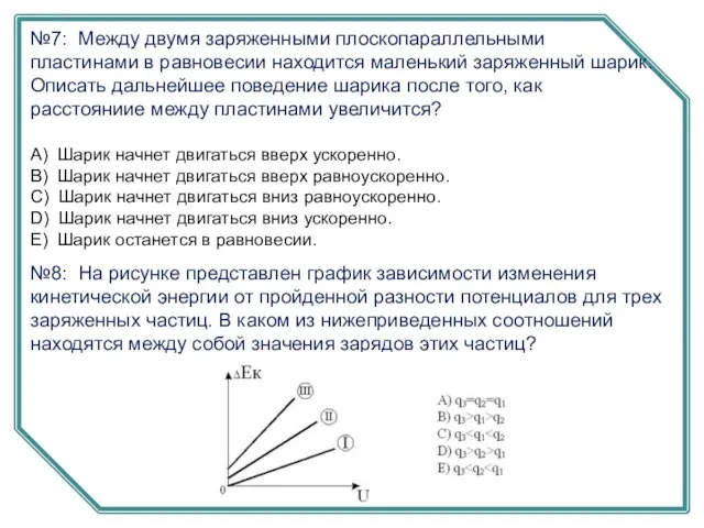 №7: Между двумя заряженными плоскопараллельными пластинами в равновесии находится маленький заряженный шарик.