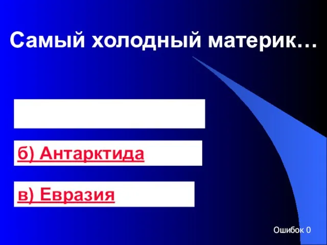 Самый холодный материк… а) Северная Америка б) Антарктида в) Евразия Ошибок 0