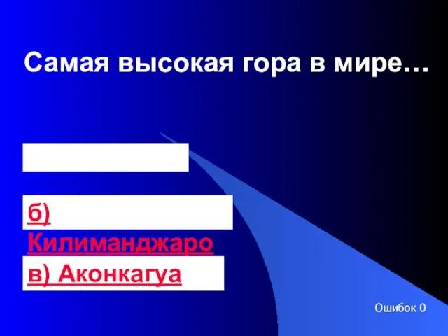 Самая высокая гора в мире… а) Эверест б) Килиманджаро в) Аконкагуа Ошибок 0