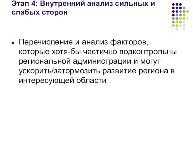 Этап 4: Внутренний анализ сильных и слабых сторон Перечисление и анализ факторов,