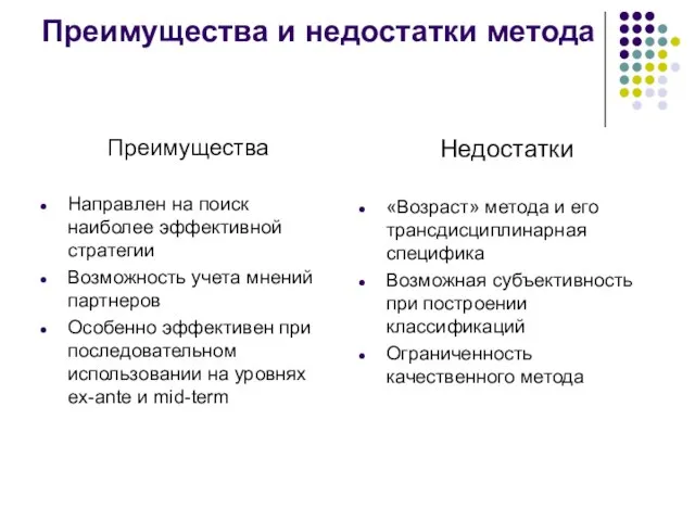 Преимущества и недостатки метода Преимущества Направлен на поиск наиболее эффективной стратегии Возможность