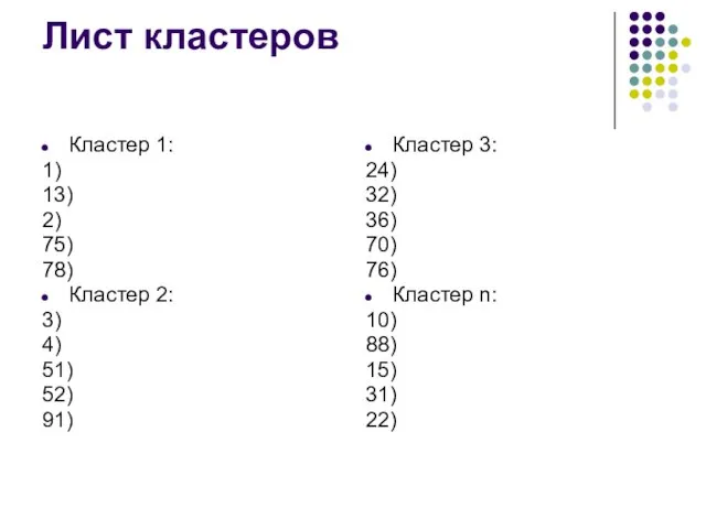 Лист кластеров Кластер 1: 1) 13) 2) 75) 78) Кластер 2: 3)