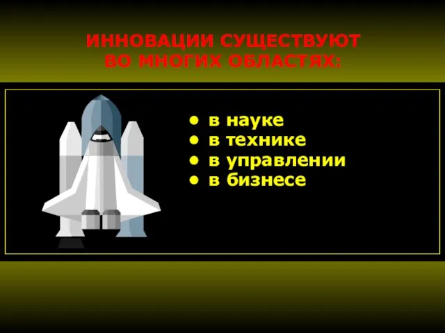 ИННОВАЦИИ СУЩЕСТВУЮТ ВО МНОГИХ ОБЛАСТЯХ: в науке в технике в управлении в бизнесе