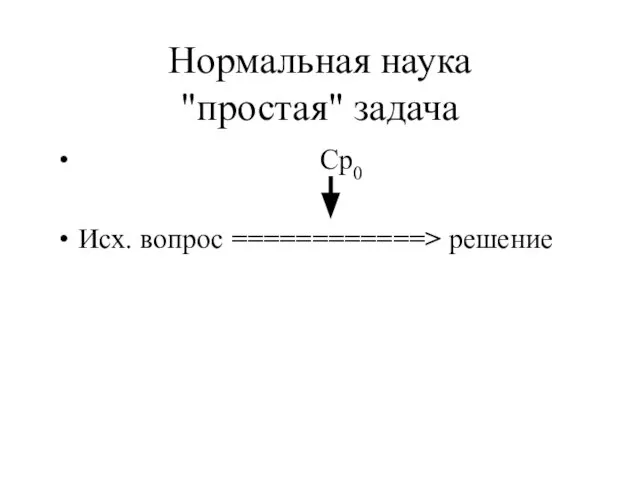 Нормальная наука "простая" задача Ср0 Исх. вопрос ============> решение