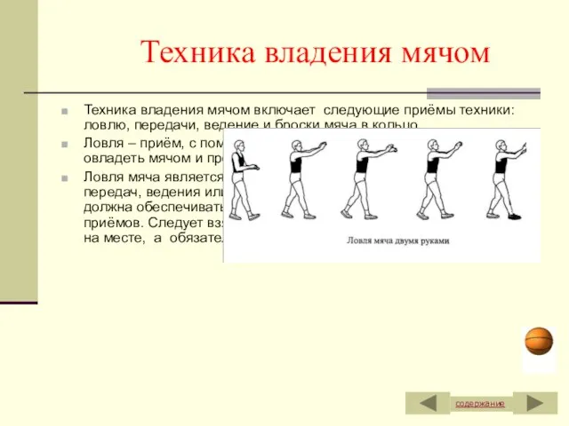 Техника владения мячом включает следующие приёмы техники: ловлю, передачи, ведение и броски