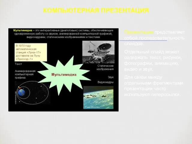 КОМПЬЮТЕРНАЯ ПРЕЗЕНТАЦИЯ Презентация представляет собой последовательность слайдов. Отдельный слайд может содержать текст,