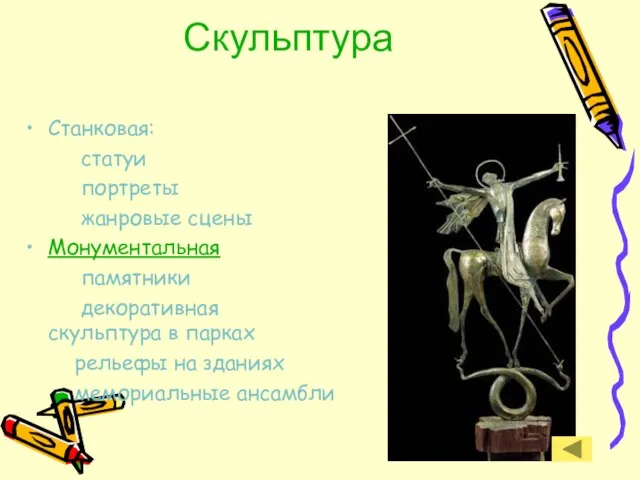 Скульптура Станковая: статуи портреты жанровые сцены Монументальная памятники декоративная скульптура в парках