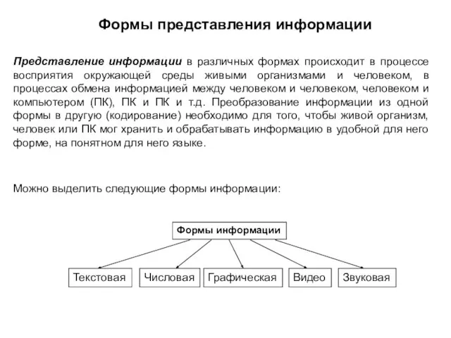 Представление информации в различных формах происходит в процессе восприятия окружающей среды живыми