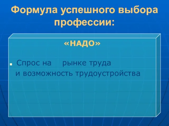 Формула успешного выбора профессии: «НАДО» Спрос на рынке труда и возможность трудоустройства