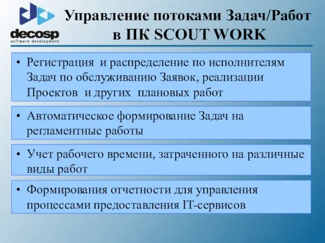 Управление потоками Задач/Работ в ПК SCOUT WORK Регистрация и распределение по исполнителям