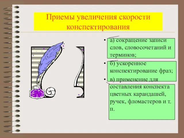 Приемы увеличения скорости конспектирования а) сокращение записи слов, словосочетаний и терминов; б)