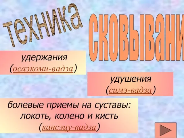 удержания (осаэкоми-вадза) техника сковывания удушения (симэ-вадза) болевые приемы на суставы: локоть, колено и кисть (кансэцу-вадза)