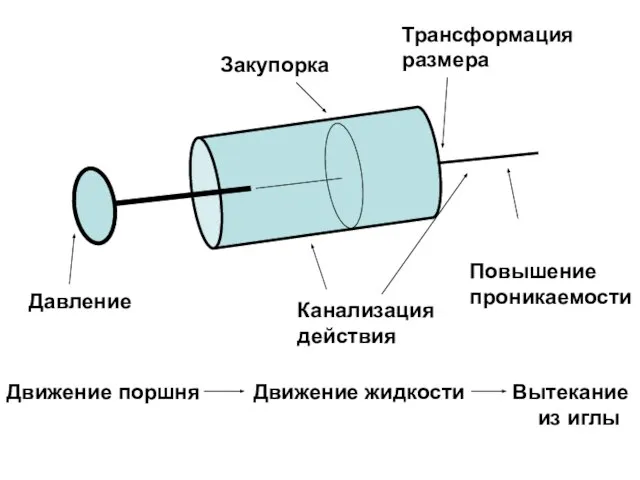 Давление Канализация действия Закупорка Трансформация размера Повышение проникаемости Движение поршня Движение жидкости Вытекание из иглы