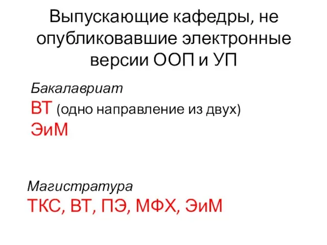 Выпускающие кафедры, не опубликовавшие электронные версии ООП и УП Бакалавриат ВТ (одно