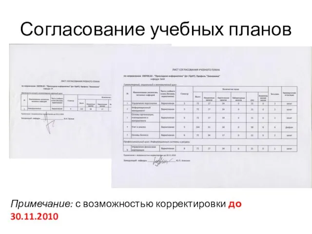 Согласование учебных планов Примечание: с возможностью корректировки до 30.11.2010