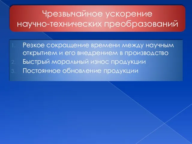 Чрезвычайное ускорение научно-технических преобразований Резкое сокращение времени между научным открытием и его