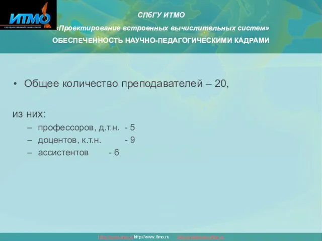 Общее количество преподавателей – 20, из них: профессоров, д.т.н. - 5 доцентов,