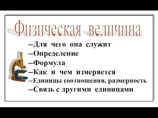 Физическая величина --Для чего она служит --Определение --Формула --Как и чем измеряется