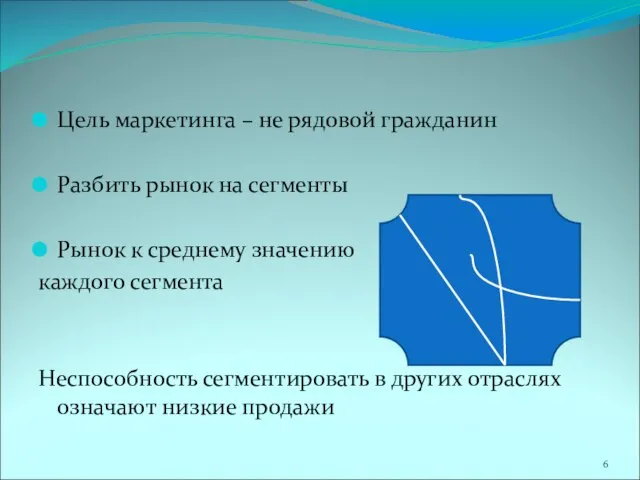 Цель маркетинга – не рядовой гражданин Разбить рынок на сегменты Рынок к