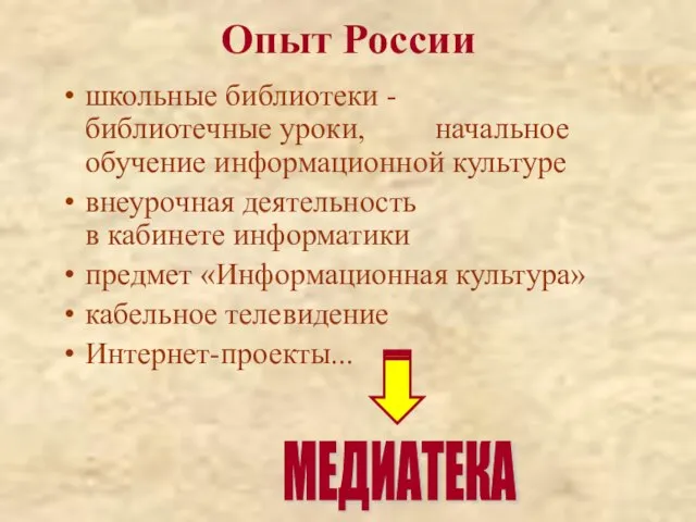 Опыт России школьные библиотеки - библиотечные уроки, начальное обучение информационной культуре внеурочная