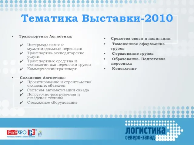 Тематика Выставки-2010 Транспортная Логистика: Интермодальные и мультимодальные перевозки Транспортно-экспедиторские услуги Транспортные средства