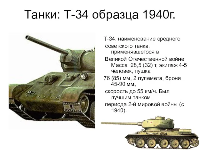 Танки: Т-34 образца 1940г. Т-34, наименование среднего советского танка, применявшегося в Великой