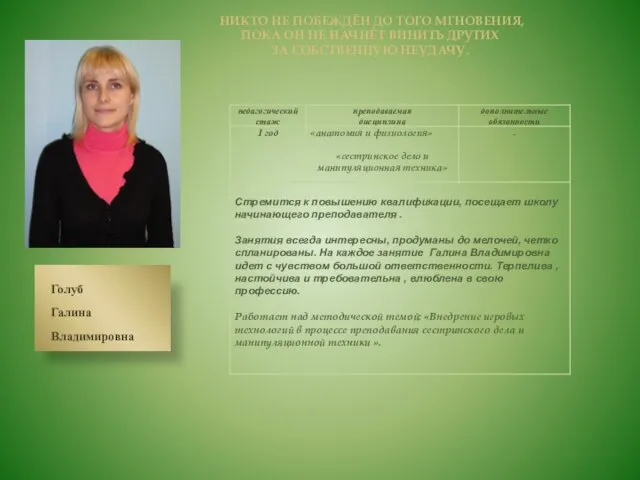 Голуб Галина Владимировна НИКТО НЕ ПОБЕЖДЁН ДО ТОГО МГНОВЕНИЯ, ПОКА ОН НЕ