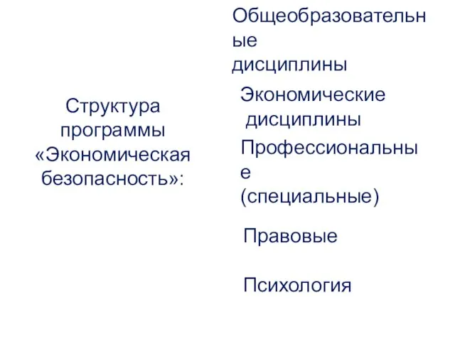 Экономические дисциплины Профессиональные (специальные) Общеобразовательные дисциплины Структура программы «Экономическая безопасность»: Правовые Психология