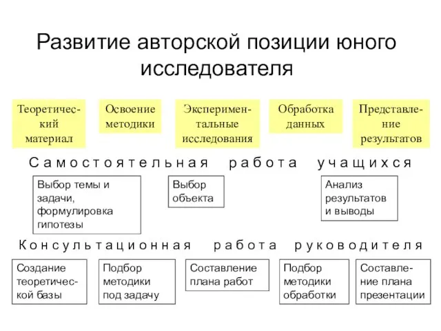 Развитие авторской позиции юного исследователя Теоретичес-кий материал Освоение методики Эксперимен-тальные исследования Обработка