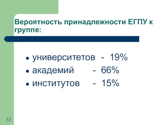 Вероятность принадлежности ЕГПУ к группе: университетов - 19% академий - 66% институтов - 15%