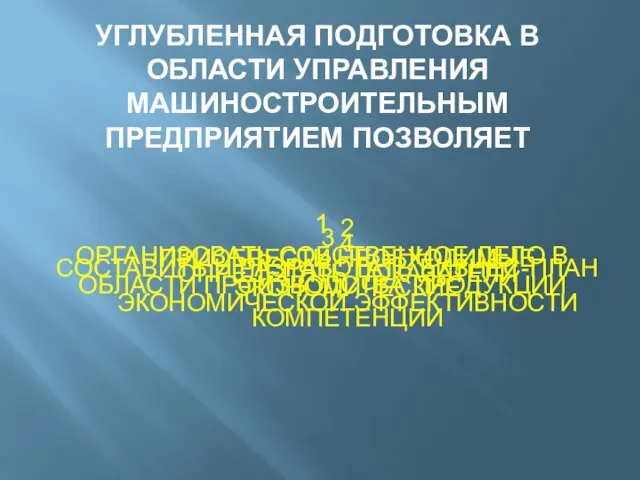 УГЛУБЛЕННАЯ ПОДГОТОВКА В ОБЛАСТИ УПРАВЛЕНИЯ МАШИНОСТРОИТЕЛЬНЫМ ПРЕДПРИЯТИЕМ ПОЗВОЛЯЕТ 1 ОРГАНИЗОВАТЬ СОБСТВЕННОЕ ДЕЛО