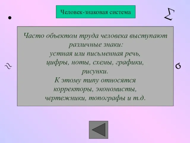 Человек-знаковая система Часто объектом труда человека выступают различные знаки: устная или письменная