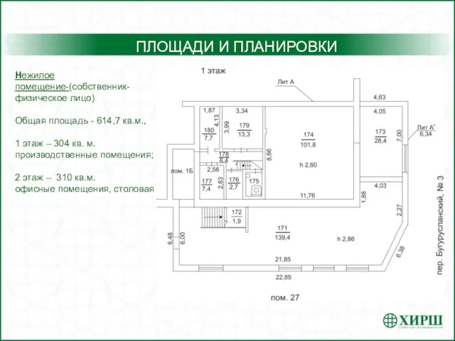 ПЛОЩАДИ И ПЛАНИРОВКИ Нежилое помещение-(собственник-физическое лицо) Общая площадь - 614,7 кв.м., 1