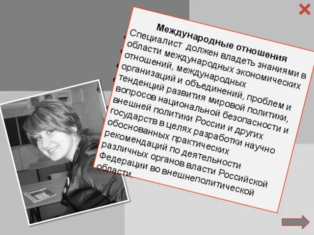 Фамилия: Ушева Имя: Марта Отчество: Игоревна Специальность: Международные отношения Факультет: Гуманитарный Международные