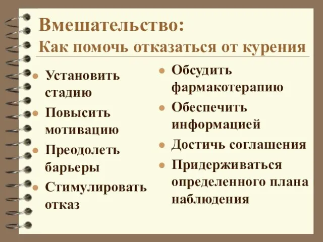 Вмешательство: Как помочь отказаться от курения Установить стадию Повысить мотивацию Преодолеть барьеры