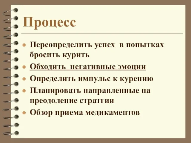 Процесс Переопределить успех в попытках бросить курить Обходить негативные эмоции Определить импульс