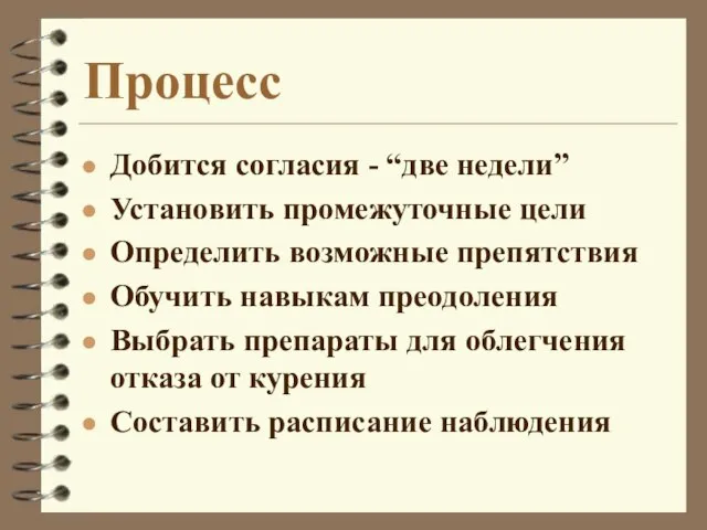 Процесс Добится согласия - “две недели” Установить промежуточные цели Определить возможные препятствия