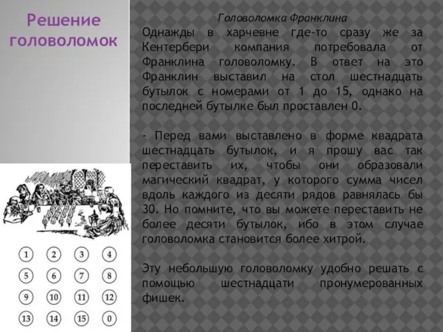 Решение головоломок Головоломка Франклина Однажды в харчевне где-то сразу же за Кентербери